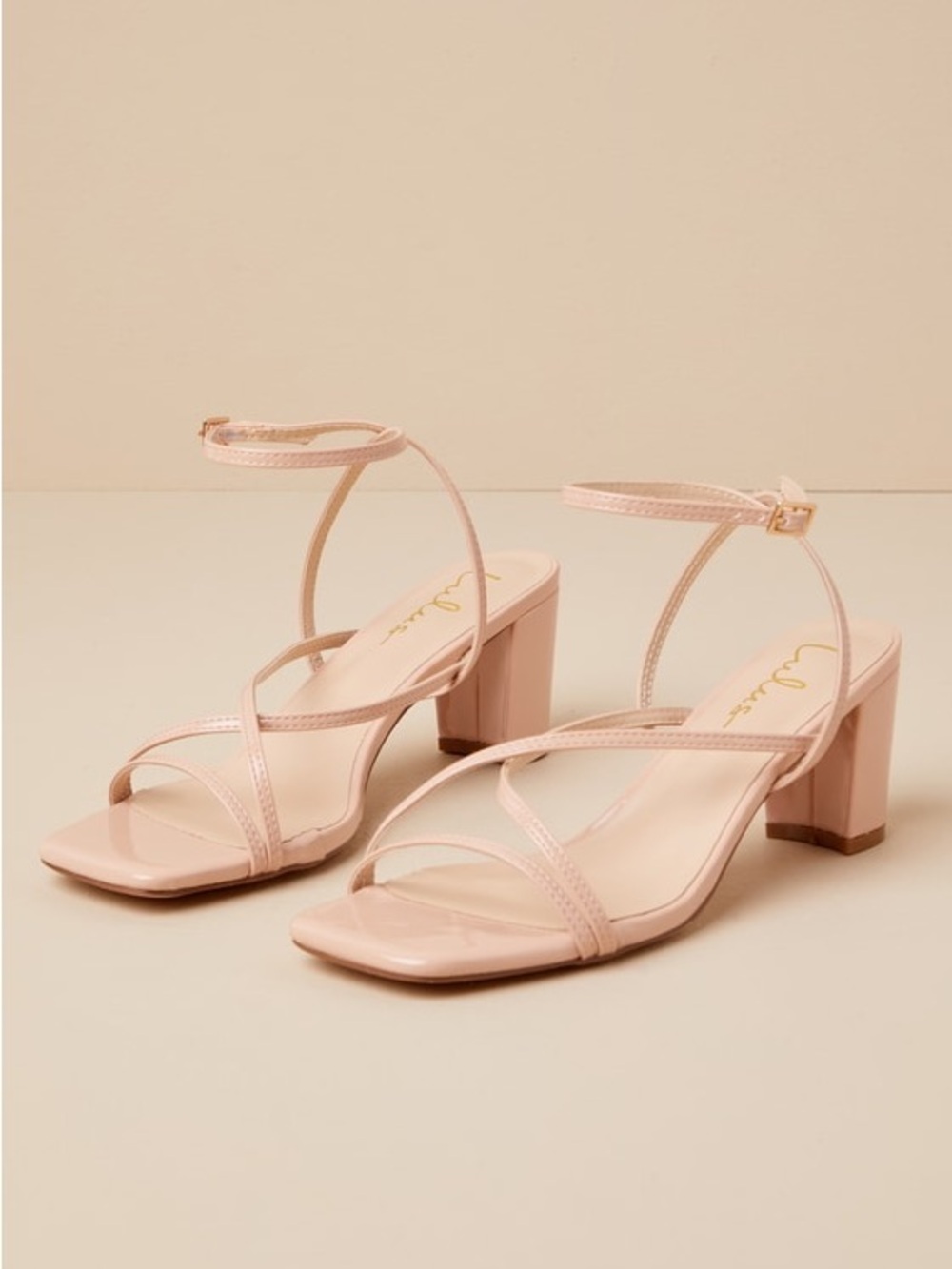 Lulus Makenna Natural Patent Strappy Ankle Strap Mid Heel Sandals 8.5
